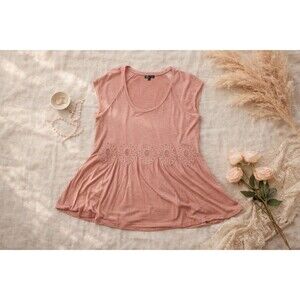 Salmon Pink Crochet Lace Accent Knit Tunic Blouse | Short Cap Sleeve | XL Boho